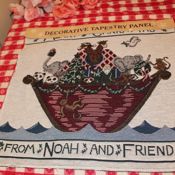 Tapestry Fabric Panel Merry Christmas From Noah & Friends 17.75" Sq Noahs Ark - Picture 6 of 12